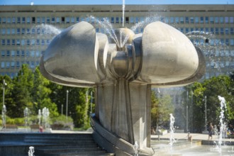 Freedom Square with a fountain in the shape of a lime blossom in Bratislava, Slovakia