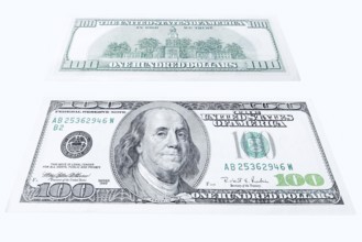 100 US dollar note, 100 dollar banknotes on white background