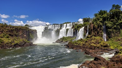 Impressive waterfalls with cascading floods and lush vegetation under a blue sky, The Iguazu Falls