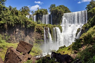 Waterfalls cascade through lush vegetation, surrounded by rocks under a blue sky, The Iguazu Falls