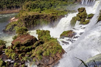 River landscape with waterfall, surrounded by dense vegetation and rocks, The Iguazu Falls between