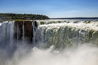 Mighty waterfall with rising mist under a blue sky, The Iguazu Falls between Argentina and Brazil