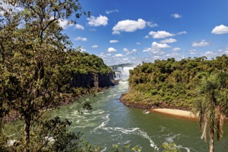 A wide river flows through a green landscape with jungle, while a distant waterfall adorns the