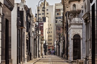 Long cemetery alley with historic mausoleums in front of modern city buildings, La Recoleta