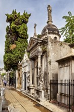 Magnificent burial site with trees and statues along a path, La Recoleta cemetery in Buenos Aires