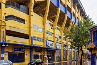 Yellow and blue stadium on a rainy street with trees, The football stadium of La Bocca of Bocca