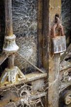 Detail of an old dilapidated door with cobwebs and a rusty lock, La Recoleta cemetery in Buenos