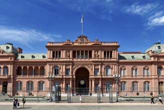 Frontal view of a large historic building with blue sky, famous Argentine landmark, The