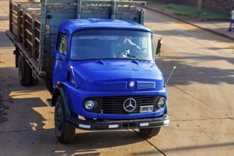 Blue Mercedes-Benz lorry on a sunny road, transporting wood, vintage style, An old Mercedes lorry
