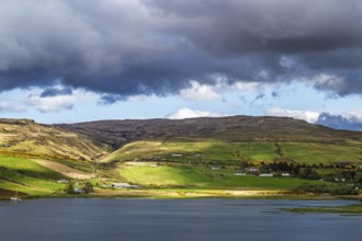 Farms over Loch Harport, Drynoch, Isle of Skye, Scotland, UK