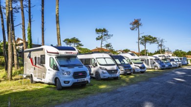 Campervans on Contis beach campersite, Saint Julien en Born, Saint-Julien-en-Born, Landes, France