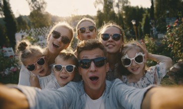 Cheerful happy family taking selfie on picnic on a family vacation day, AI generated