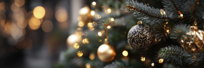 Christmas Tree With Baubles, holiday season and holiday greetings. Happy family time, AI generated