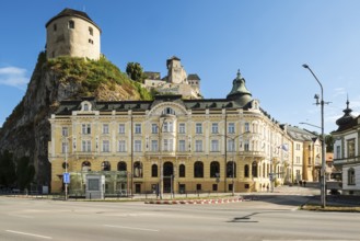 Hotel Elizabeth with relief by Jan Jiskra on the castle hill in Trencin, Capital of Culture 2026,