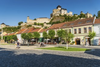 The Peace Square in the old town centre of Trencín, Trencín Castle in the background, Capital of