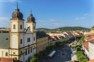 View from the city tower of the Piarist Church of St Francis Xavier and the old town in the evening