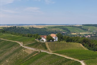 Vogelsburg near Volkach with monastery church of the Protection of the Virgin Mary, aerial view,