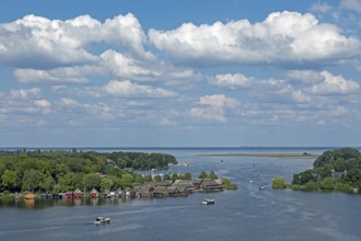 View from the tower of St Mary's Church, Müritz, lake, boats, boathouses, holiday homes, Röbel,