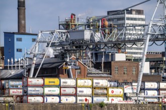 Scenery of Chempark Leverkusen, Bayer Leverkusen, chemical park, chemical plant, river Rhine, cargo
