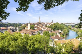 Bern City on the River Aare Old Town with Bern Minster Church in Bern, Switzerland