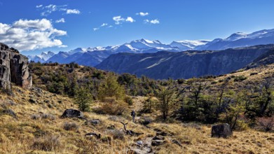 Picturesque mountain landscape with a hiker on a path under a clear sky, The landscape of Patagonia