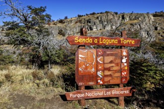 Detailed wooden sign with directions to Laguna Torre in front of a rocky landscape with autumnal