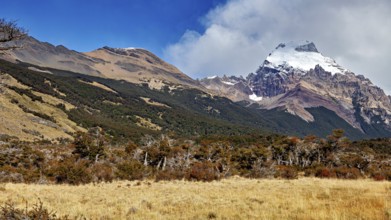 Mountain landscape, snow-covered peaks with wooded slopes and exposed rocks under a blue sky, The