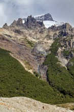 Mountain landscape with snow-covered peak and small waterfall, The landscape of Patagonia in