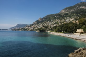 View of Roquebrune and Monaco, Plage du Golfe Bleu, Alpes Maritimes, Provence Alpes Cote d'Azur,