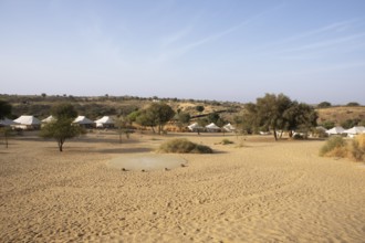 Desert camp or tented camp in the Thar Desert or Great Indian Desert, near Jaisalmer, Rajasthan,
