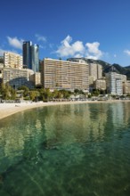 Panorama, Skyline with skyscrapers and beach, Plage du Larvotto, Monte Carlo, Cote d'Azur, Monaco
