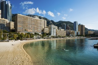Panorama, Skyline with skyscrapers and beach, Plage du Larvotto, Monte Carlo, Cote d'Azur, Monaco