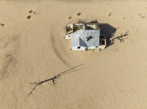 The long abandoned Garum train station in the southern Namib Desert. Aerial view. Drone shot.