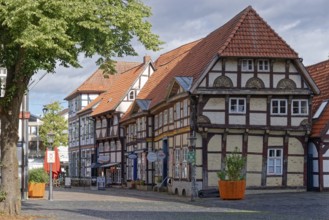 Half-timbered houses on the market square in the historic old town of Nienburg an der Weser.