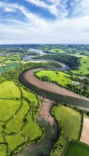 Panorama of Farms and Fields over River Dart from a drone, Stoke Gabriel, Totnes, Devon, England,