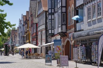 Half-timbered houses on Weserstrasse in the historic old town of Rinteln. Lower Saxony, Germany