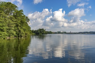 The Great Plön Lake, Nikolai Church and Plön Castle in Plön, Schleswig-Holstein, Germany