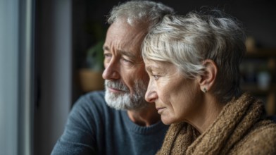 Senior couple grieving. Senior couple with health concerns or trouble in their lives or family, AI