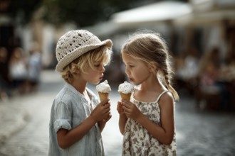 Closeup of a portrait of a children eating ice cream in hot summer day. Happy playful smiling
