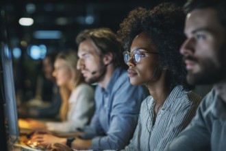 Diverse employees in corporate environment support center analyzing data and helping customers to