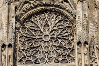 Elaborately designed Gothic rose window with filigree ornaments and stained glass, Dieppe Cathedral