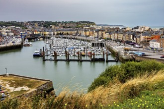 View of a harbour town with many boats, green plants in the foreground and cloudy sky, The harbour