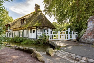 A charming half-timbered house with a thatched roof and bridge, nestled in a green, idyllic