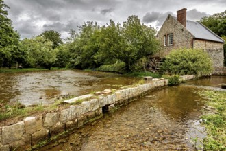 House by a river with a restored stone wall, surrounded by dense greenery, The historic mill
