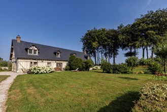 Inviting half-timbered house on a sunny day with a well-tended garden and stately trees, Historic