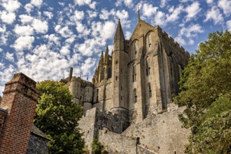 Close-up of a Gothic castle against a cloudy sky, surrounded by trees and tiled roofs, Mont Saint