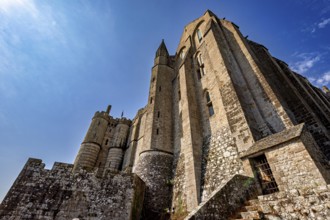 Close-up of the architecture of Mont Saint-Michel from a low perspective, Mont Saint Michel in