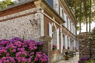 Stone house with red bricks and white shutters surrounded by flowering hydrangeas and cobbled path,
