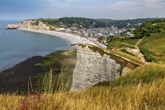 Landscape with high cliffs, meadows and a coastal town in the background, The cliffs and alabaster