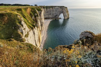 High cliffs with an impressive rock arch, surrounded by green vegetation, The cliffs and alabaster